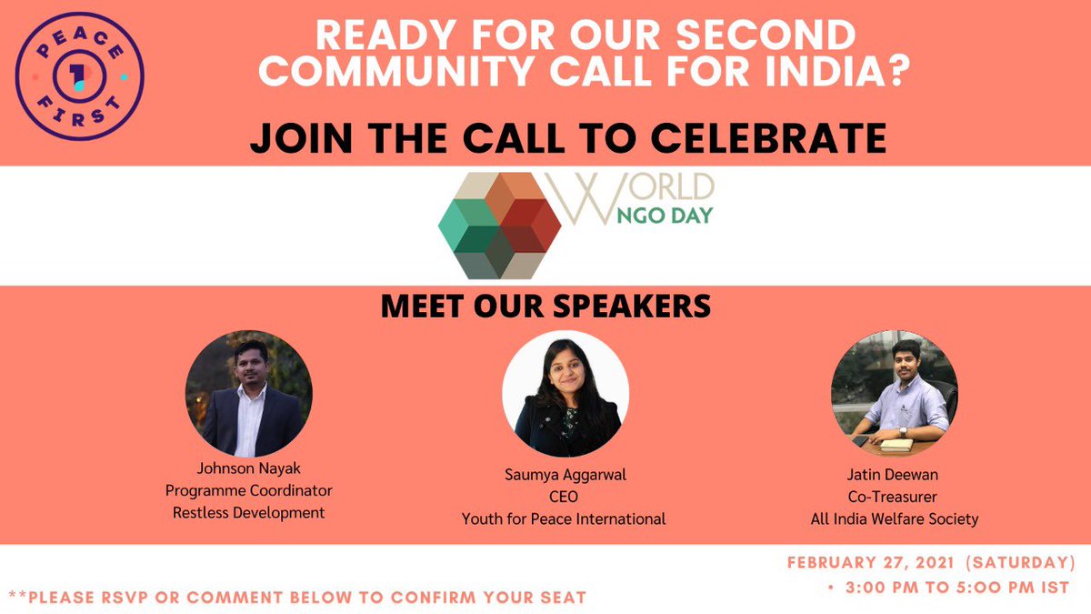 Join us for community call and world’s NGO day #NGOs #world #day #youth #panelist @Restless_India @PeaceFirstOrg @deewan_jatin @nilejohnson @yfpi