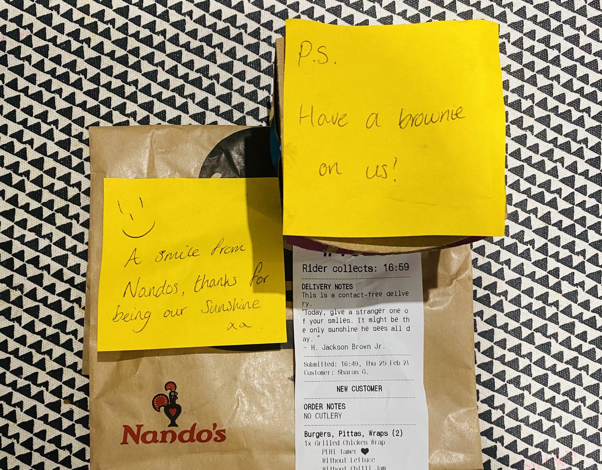 ☀️💛☀️Looks like <a href="/NandosUK/">Nando's</a> appreciated the quote I left on my delivery instructions “Today, give a stranger one of your smiles. It might be the only sunshine he sees all day” by H. Jackson Brown Jr. Thank you Nandos! Glad it made you smile ☀️💛☀️#nandosuk #nandosruislip #ruislip