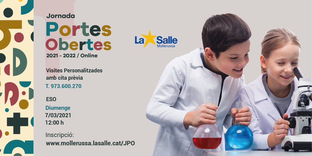 La Salle Mollerussa organitza la Jornada de Portes Obertes d'ESO online el proper diumenge dia 7 de març, a les 12:00 del migdia.

Us podeu inscriure a través de la web mollerussa.lasalle.cat o trucant al 973 600 270. 

#ESO #JPO #ITuQuèTries #LaSalleAmbTu #LaSalleMollerussa