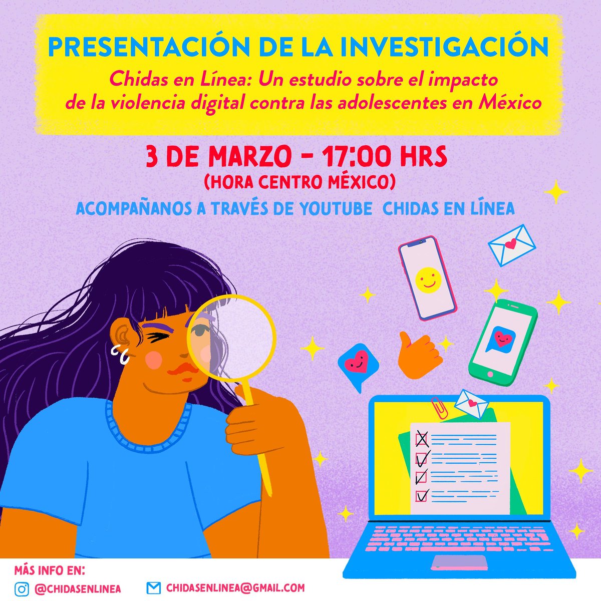 derechosdigital's tweet photo. 📌📌[Agéndalo] El próximo 3 de marzo a las 17:00 horas (GMT-6) se presentarán los resultados de "Chidas en Línea: un estudio sobre el impacto de la violencia digital contra las adolescentes en México", a través del canal de Youtube de #ChidasenLinea ⚡️⚡️ https://t.co/M6CBUtCbDp
