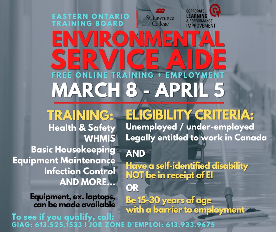 SLCCLPI's tweet image. Check out if you qualify for this free 4-week online training on Environmental Service Aide. From March 8 to April 5.
You will learn about Health &amp;amp; Safety WHMIS, basic housekeeping, equipment maintenance, and more.
Call: 
GIAG: 613-525-1533
Job Zone D’Emploi: 613-933-9675