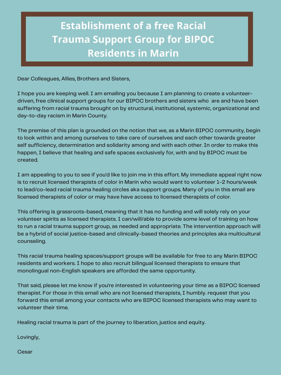 DrGSMCSD's tweet photo. A message for the community! Cesar Lagleva is establishing a support group for residents of Marin. Please read his letter below and contact him at giaclay@yahoo.com for more details.
#marincity #smcsd #sausalito #bipoc #racialtrauma #supportgroup https://t.co/fibHFct0bH