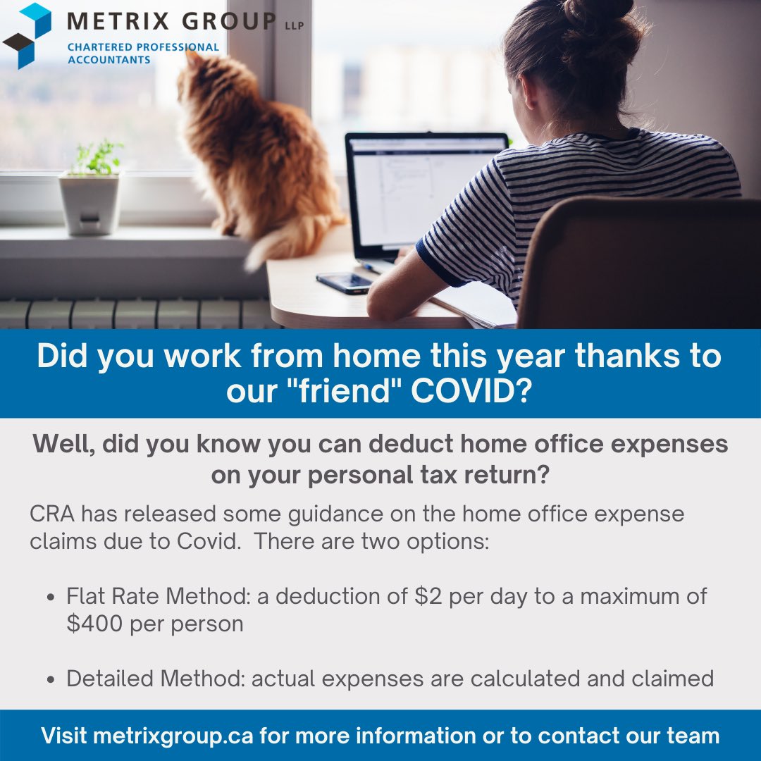 metrixgroupllp's tweet photo. Did you #work from #home this year thanks to our “friend” #COVID?

Well, did you know you can deduct home office #expenses on your personal #tax return?

For further information, check out the details below, or visit our website for more! https://t.co/925ddu0pj2