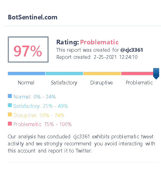 TallDavid's tweet photo. @cjc3361 @TXOPIC @SenTedCruz Trollbot Rating: Problematic - 97%
Reference: https://t.co/vF2GI01qjQ
#ReportBlockBots
#ReportBlockTrolls
#MakeLyingWrongAgain https://t.co/R09Yy8RokE
