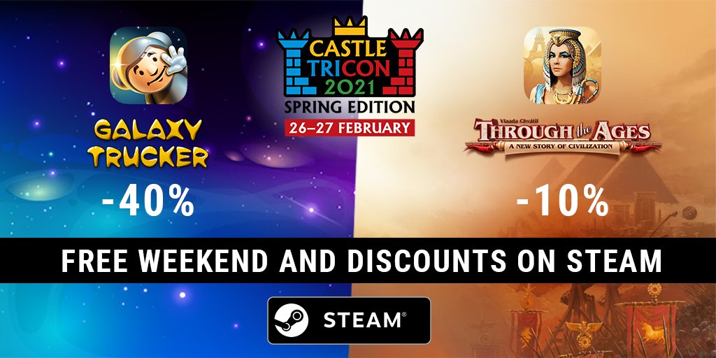 czechgames's tweet image. Our digital games #ThroughTheAges⏳and #GalaxyTrucker 🚀 are waiting for you to try them out for free on Steam during #CastleTriCon! And if you like them, you can buy them with a discount✨👉bit.ly/CGE_digital_st… 👈