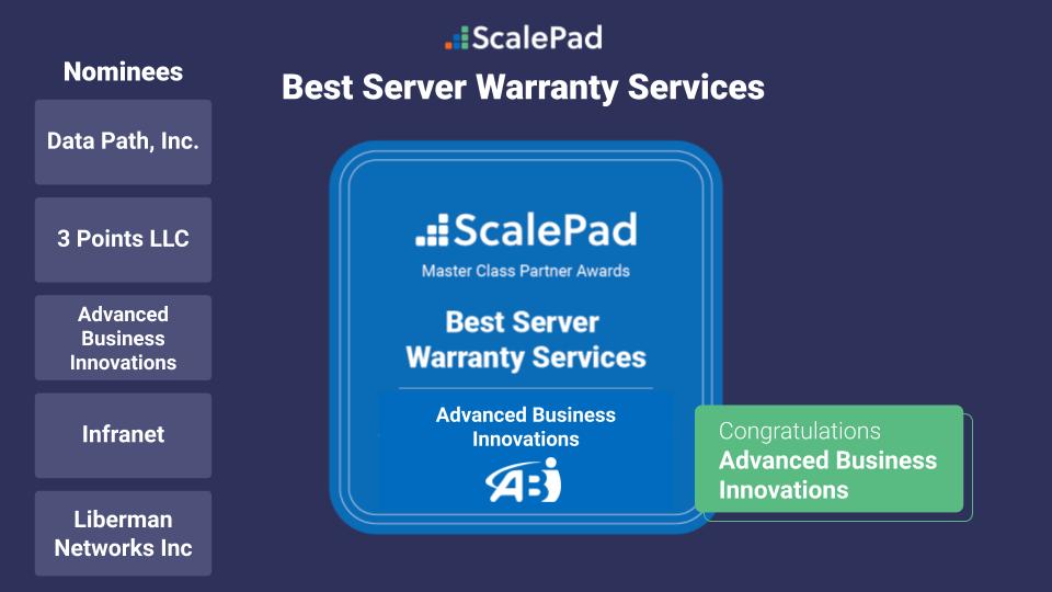 Our "Best Server Warranty Services" award recognized companies buying warranties especially as a way to protect their clients when hardware refresh was on hold.
Nominees:
<a href="/datapathinc/">Datapath</a>
3 Points LLC
<a href="/InfranetTG/">Infranet</a>
<a href="/lnitech/">Liberman Networks</a>
WINNER: Advanced Business Innovations scalepad.com/news-events/20…