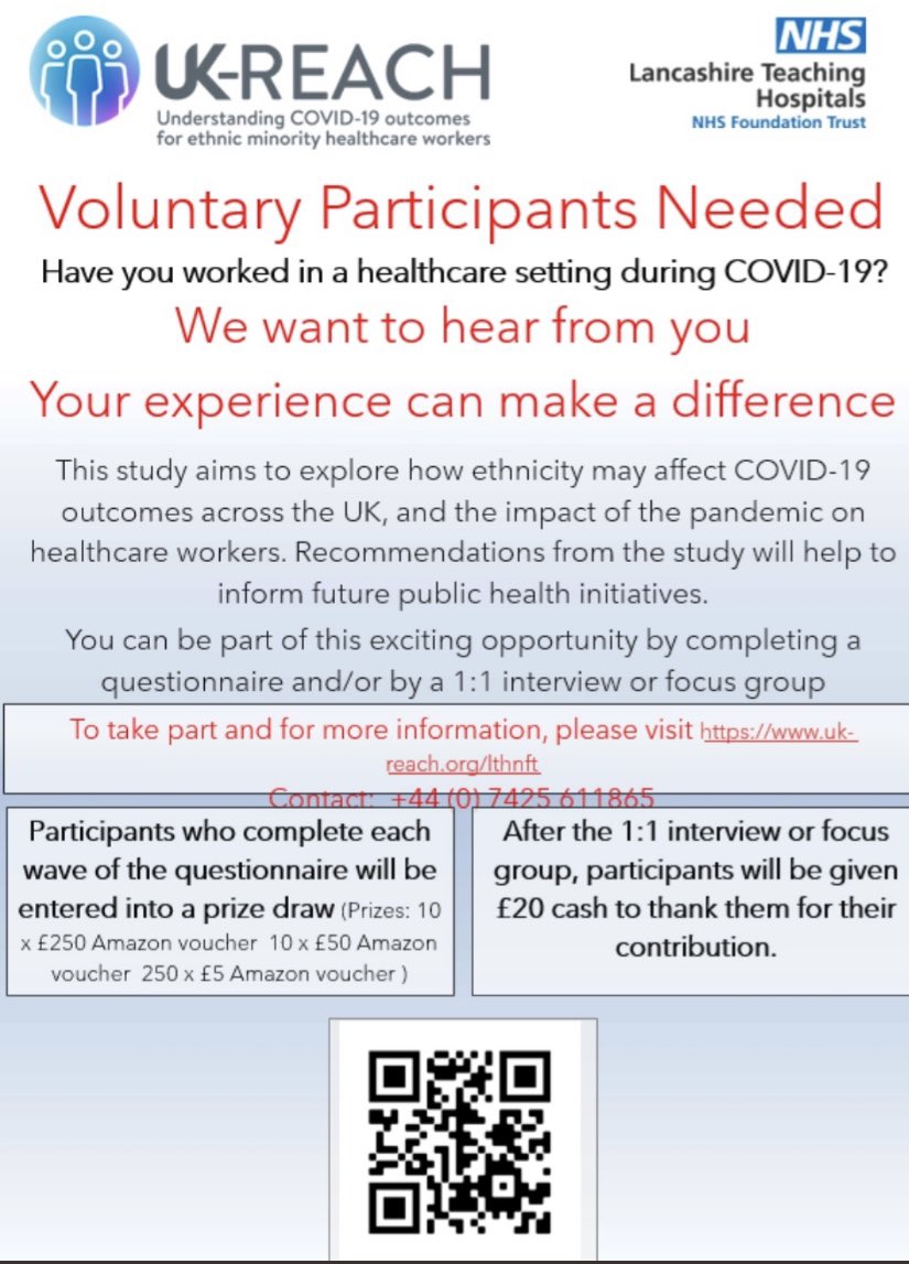 LancsHospitals's tweet photo. A Public Health England study exploring how ethnicity can affect Covid-19 outcomes is open for healthcare staff. 

Please take part before 28th Feb to help researchers plan for future public health initiatives. https://t.co/TW46DblXol @LancsResearch @UKREACHStudy https://t.co/lY7NoVpy3K