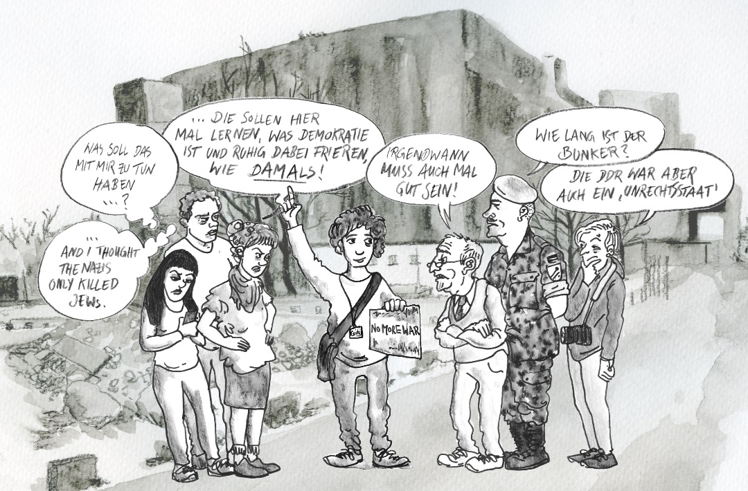 Comic, Situationen eines Guides vor dem Bunker Valentin mit einer Gruppe Besucher*innen. Diese sind aus sehr unterschiedlichen Kontexten und stellen alle möglich Fragen