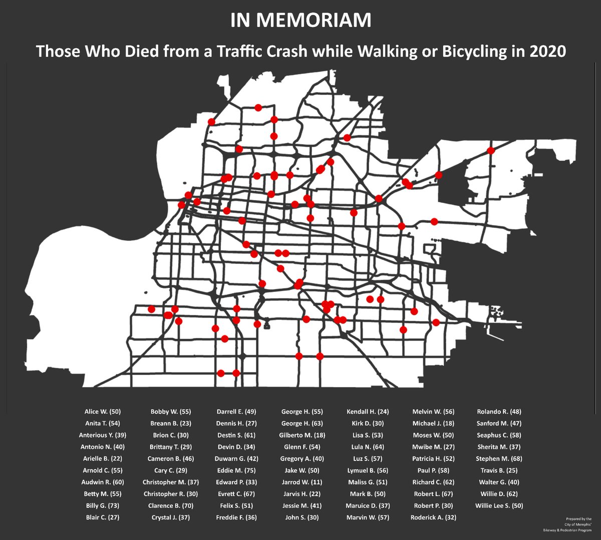 Bike Ped Memphis on X: Memphis traffic crashes took the lives of 64 people  walking and 4 people bicycling in 2020. We offer this map memorial to honor  and reflect on the