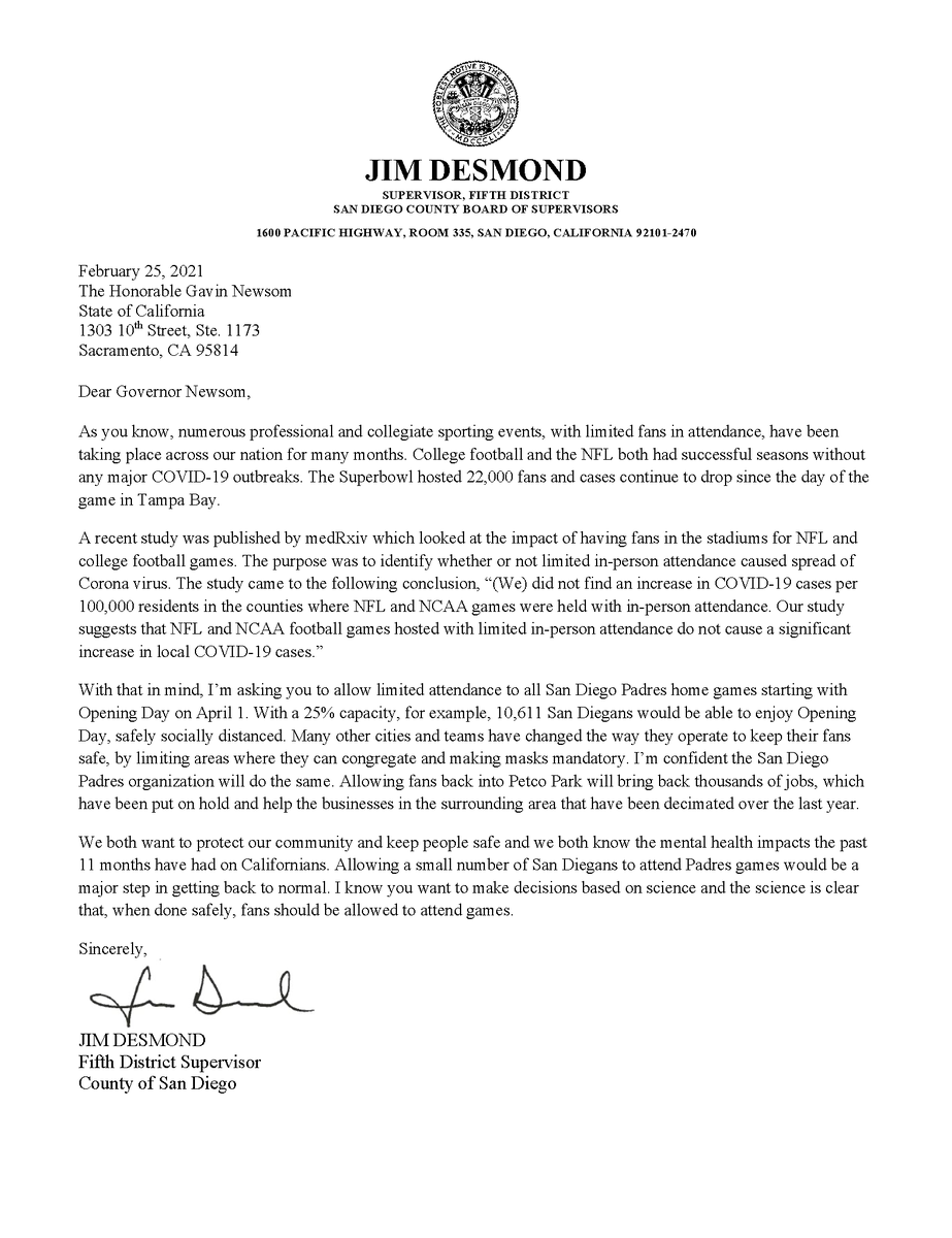jim_desmond's tweet photo. MEDIA ADVISORY: Today, I will be sending a letter to the Governor asking him to allow limited fans into Petco Park for Opening Day. I am confident given the discussions I’ve had and seeing that other cities have allowed fans into their sports events, that we can do the same! ⚾️ https://t.co/JiQju2Gl58