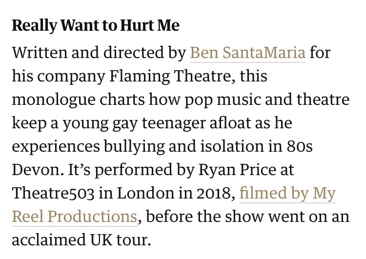 REALLY WANT TO HURT ME’s been picked for <a href="/guardian/">The Guardian</a>’s hottest theatre to watch online!🕺
It’d be fab if you could RT, watch it m.youtube.com/watch?v=_vVZk-… &amp; maybe buy the playtext from our website to support Flaming Theatre’s future work during #LGBTHM21 . 🏳️‍🌈