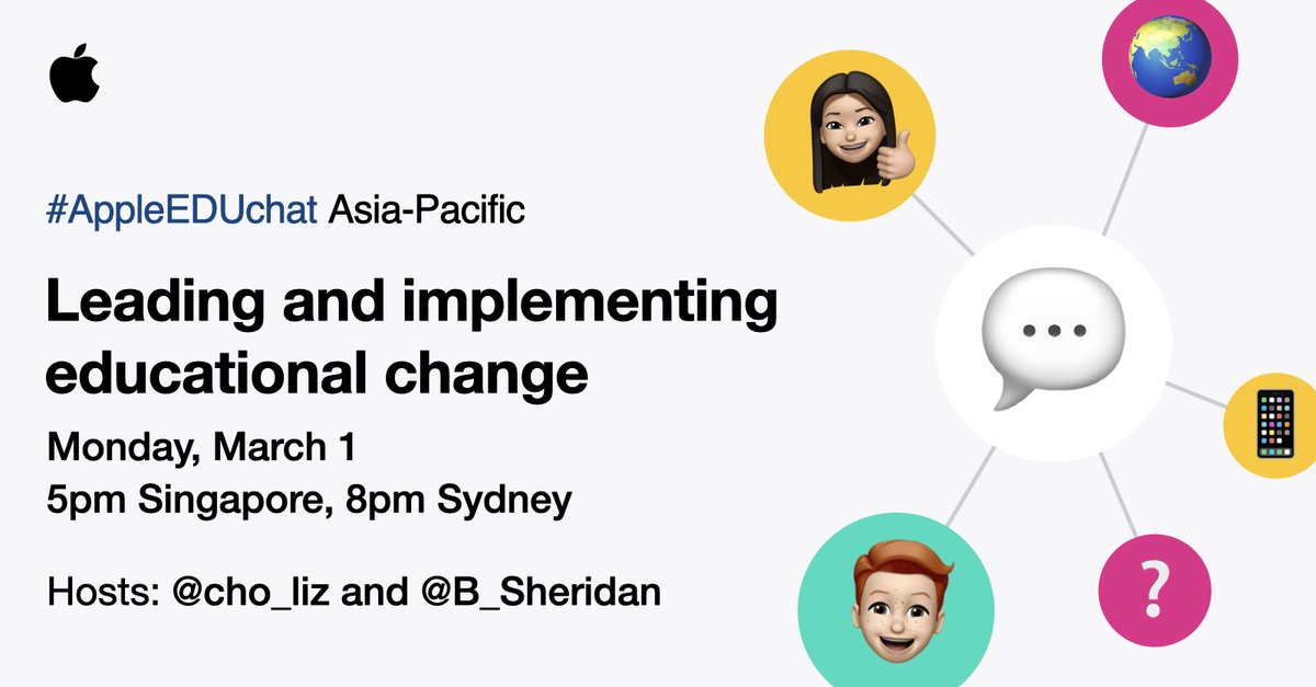 Benjamin Sheridan (@b_sheridan) on Twitter photo I sincerely hope you can join the next #appleEDUchat on Monday, March 1st! The illustrious <a href="/cho_liz/">Liz Cho (she/her)</a> & I will be moderating!
The topic is "Leading and Implementing Educational Change."
Times:
Bangkok - 4pm
Singapore -5pm
Tokyo -6pm
Sydney 8pm
Spread the love! RT & tag friends! I sincerely hope you can join the next #appleEDUchat on Monday, March 1st! The illustrious <a href="/cho_liz/">Liz Cho (she/her)</a> & I will be moderating!
The topic is "Leading and Implementing Educational Change."
Times:
Bangkok - 4pm
Singapore -5pm
Tokyo -6pm
Sydney 8pm
Spread the love! RT & tag friends!
