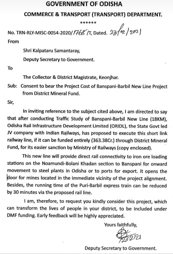 OdishaRail's tweet image. Great News ! A letter has been written to @DistAdmKeonjhar from Dy. Secy. @CTOdisha to sanction Rs.363.38 crores entirely from District Mineral Fund to make sanction from Railway Board easier. It will be done by #ORIDL 
@BarbilCS 
Letter courtesy - @basantkrmahanta 
#BSPX_BBNLINK