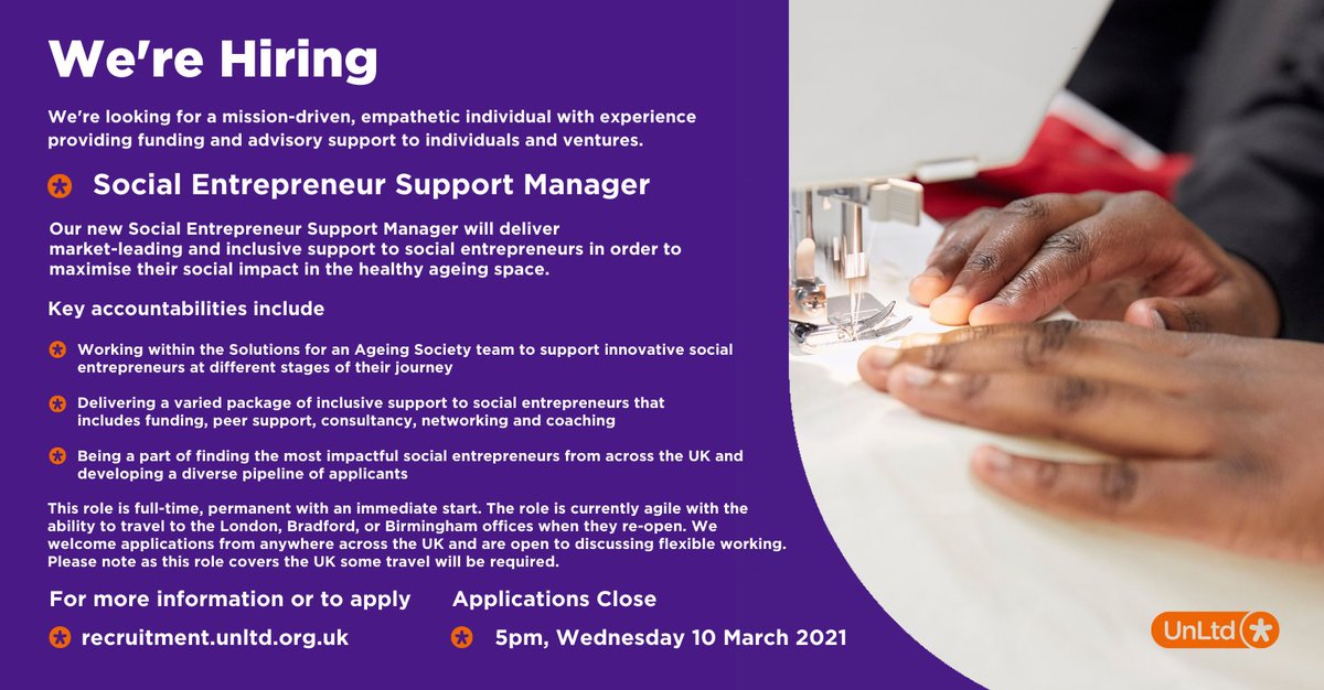 We're #recruiting for a Social Entrepreneur Support Manager 

If you're a mission-driven, empathetic individual with experience providing funding and advisory support to entrepreneurs and ventures, we want to hear from you 

Apply here before 10 March -

recruitment.unltd.org.uk