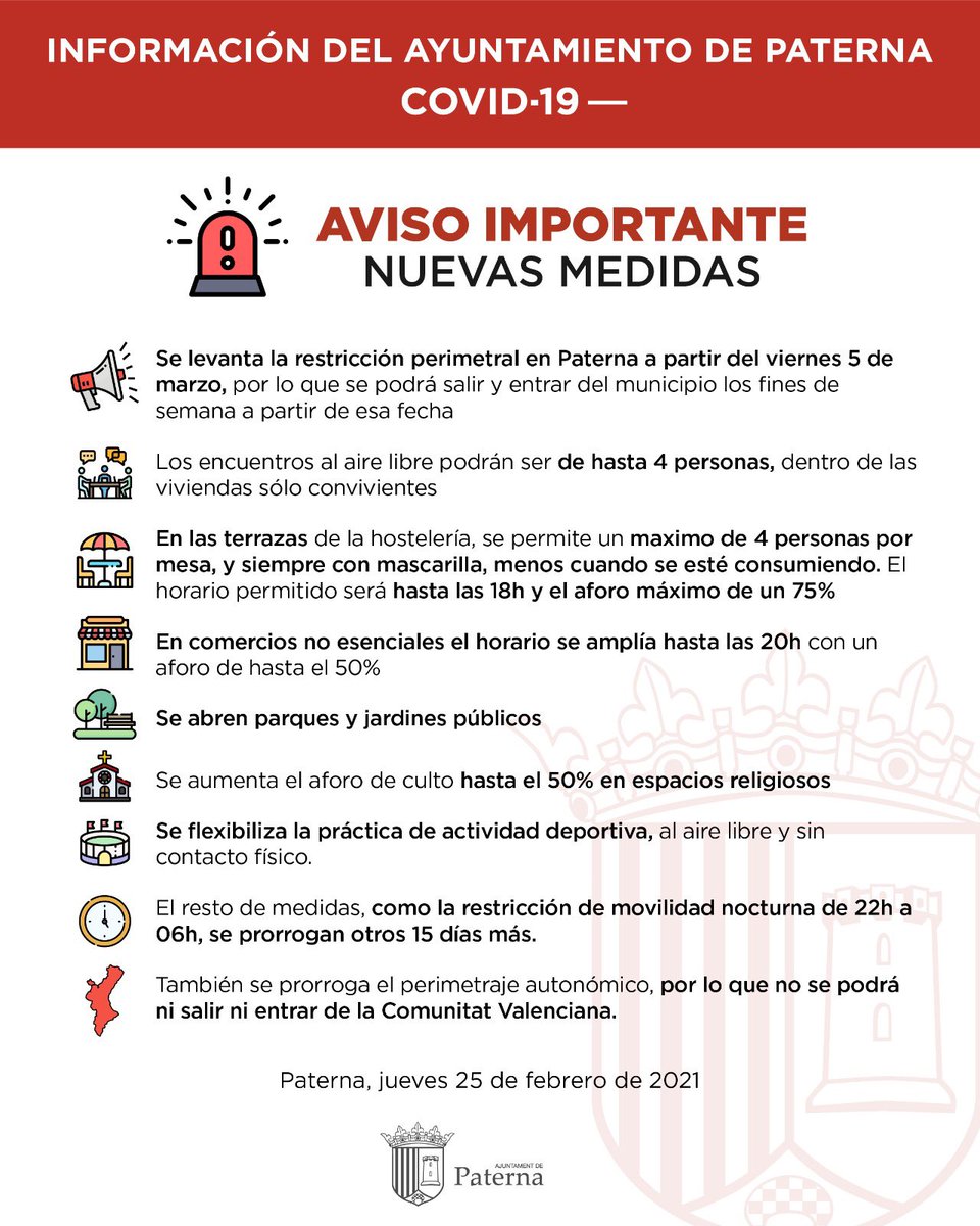 Novedades #restricciones desde 1/3

<a href="/ximopuig/">Ximo Puig</a> acaba de informar sobre las nuevas #medidas

Además, en #Paterna se volverán a abrir las zonas #infantiles, #ParcCentral, el de la c/ Valencia, #museos, #bibliotecas y #teatros, con sus restricciones y protocolos #anticovid previos 😷