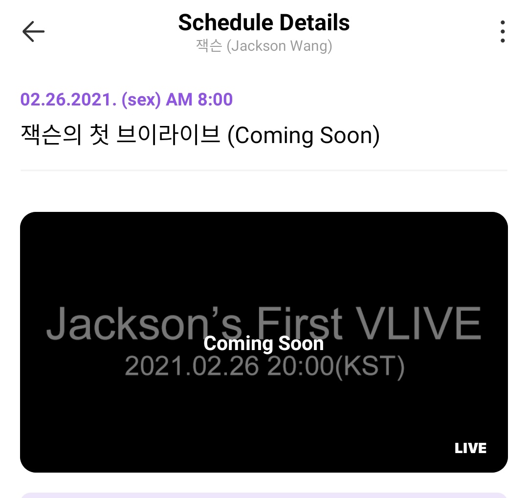 shesastreamer's tweet photo. [#JSVLIVE]

Amanhã (26/02) acontecerá a primeira live do Jackson no seu canal do vlive às 8h  (horário de Brasília) 

Já colocaram o despertador? 🙆🏻‍♀️

🔗 https://t.co/Z0w1kZ176s

 #GOT7 #갓세븐 @GOT7official @JacksonWang852 #JacksonWang #TEAMWANG https://t.co/KLExXOsnae