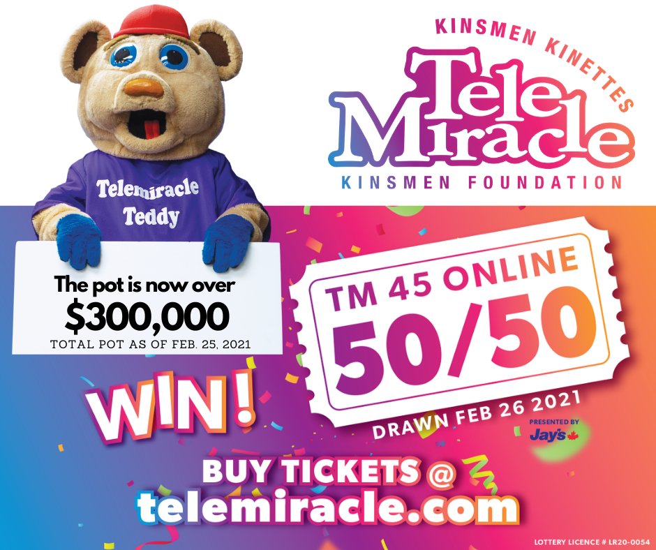 TIME IS RUNNING OUT! for you to enter to win half the jackpot! This 50/50 raffle ends TOMORROW at 4:00 pm. Go online and buy your tickets today! telemiracle5050.ca  Must be in Saskatchewan at time of purchase to be eligible.
#TeleMiracle #TM45 #5050Raffle #Tickets #Win