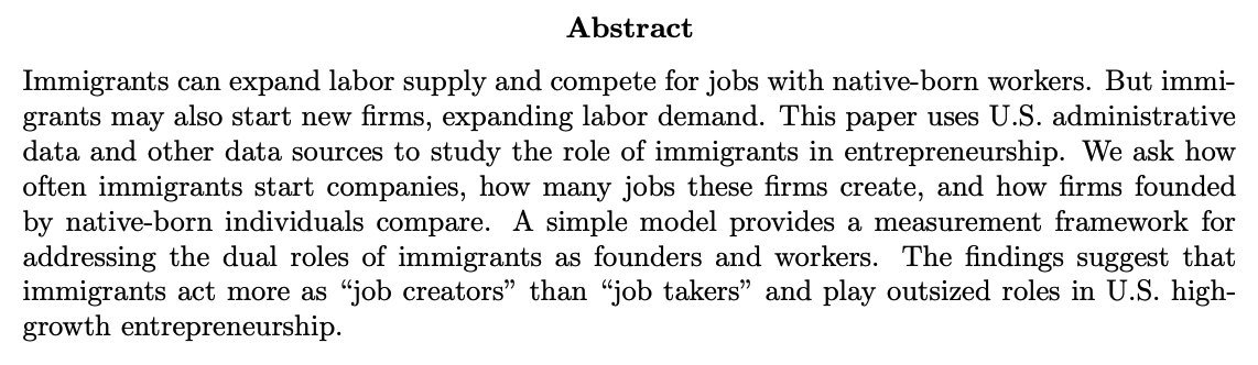 US immigrants start businesses at a rate 80% higher than natives. They do not just start many small firms, they start more firms of *every* size.By  @pierre_azoulay  @bfjo  @jdanielkim & Miranda—>  https://www.nber.org/papers/w27778  | Ungated:  https://www.kellogg.northwestern.edu/faculty/jones-ben/htm/Immigration_and_Entrepreneurship_in_the_United_States.pdf