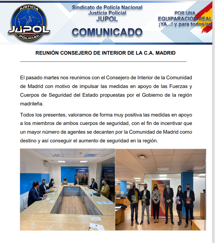 Jupol_Madrid's tweet photo. #JUPOL y #JUCIL se reúnen con el Consejero de Interior de la CAM, para impulsar las medidas en apoyo a las #FCSE propuestas por el Gobierno de la 
@ComunidadMadrid

❌Salariales
❌Transporte
❌Vivienda
❌Sanidad
❌Educación
❌Formación
❌Segunda Actividad

#EquiparacionYa https://t.co/zvWIiszZmy