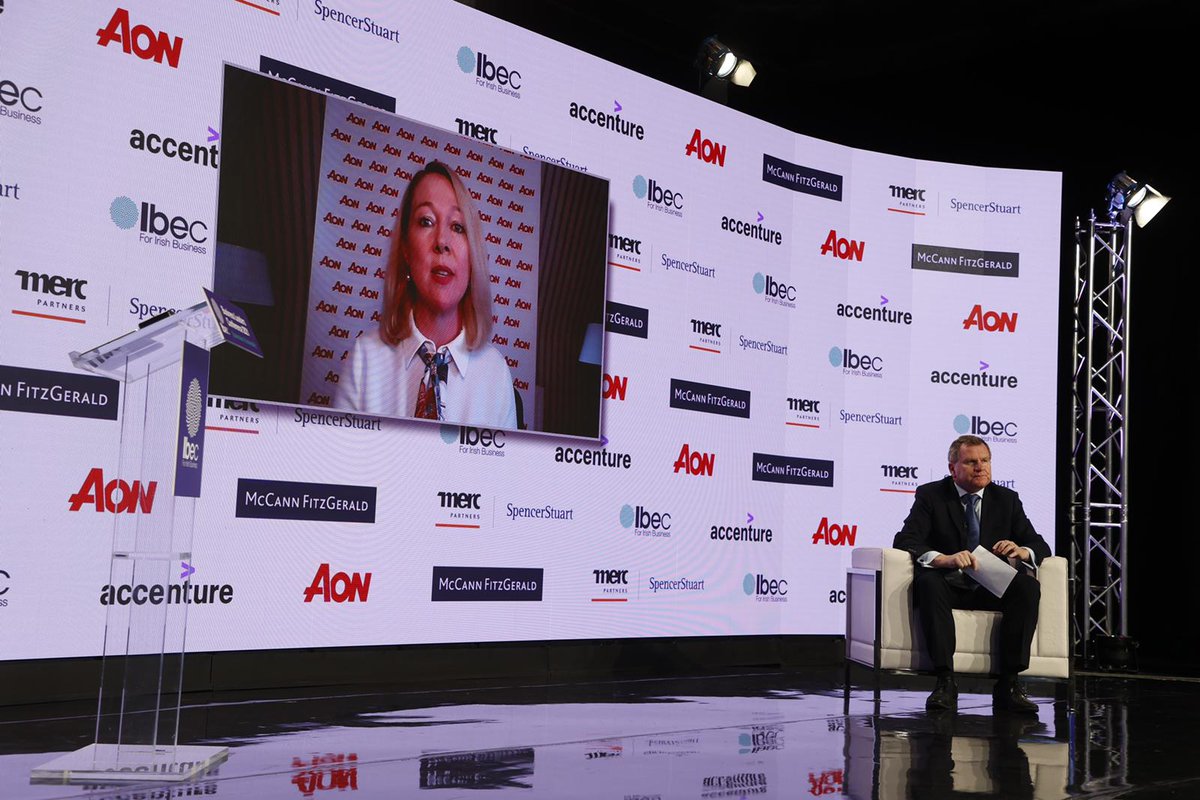 ibec_irl's tweet photo. Christa Davies, CFO & Executive Vice President of Global Finance @Aon in conversation with Ibec CEO, Danny McCoy on the importance of environmental responsibility, social opportunity & strong governance for a Post-Covid economy #IbecConf https://t.co/xWyOvQpDH3