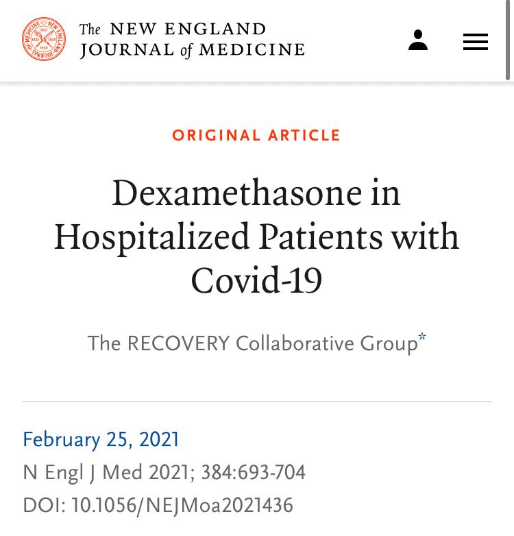 MediCasos's tweet photo. ‼️‼️‼️ ATENCION ‼️‼️‼️

25 de Febrero del 2021.
@NEJM 

📣📣 📣📣📣📣
El uso de dexametasona en Pacientes que NO requieren OXÍGENO, Aumenta la Mortalidad en Pacientes con COVID19 https://t.co/lNfaQPIPkc