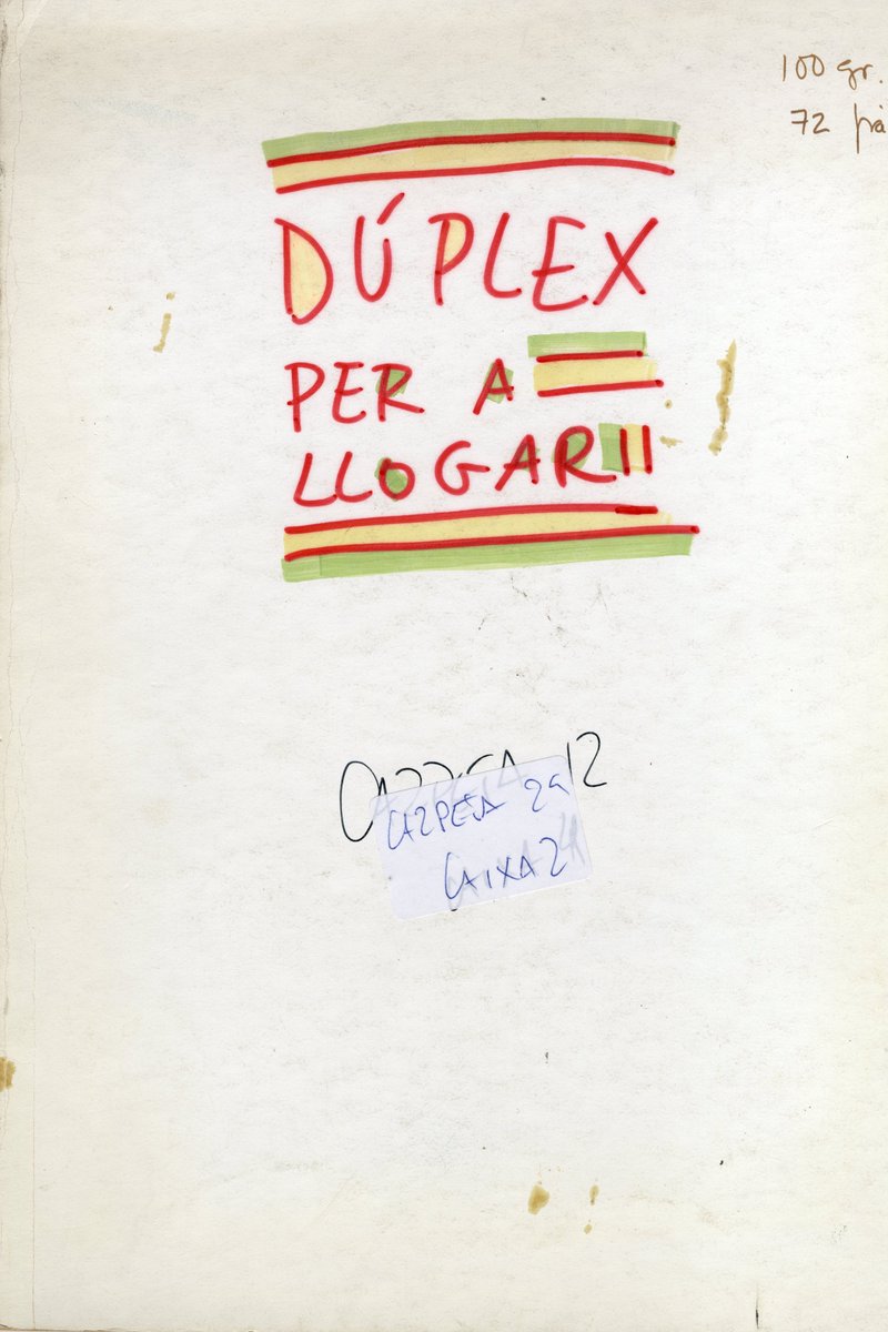 GDiArxiuUVic's tweet photo. Avui és el nostre torn per mostrar el #documentdeldia, dins la campanya impulsada per l’ @AAC_GD .Es tracta del guió manuscrit de la sèrie humorística “Dúplex per a llogar” que es va emetre a TVE Catalunya el 1984, un document del Fons #EmiliTeixidor que custodiem a la @uvic_ucc https://t.co/4pAe91S03w