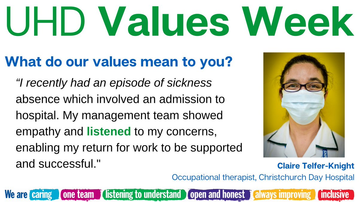 UHD_NHS's tweet photo. Over the past few days we've been sharing staff stories to celebrate the launch of #UHDValuesWeek. We're proud to be a trust that listens to understand, and thank you to Claire for sharing her story. What do our new values mean to you, #TeamUHD?
#OneTeam #ThursdayThoughts https://t.co/6Enrmtogud