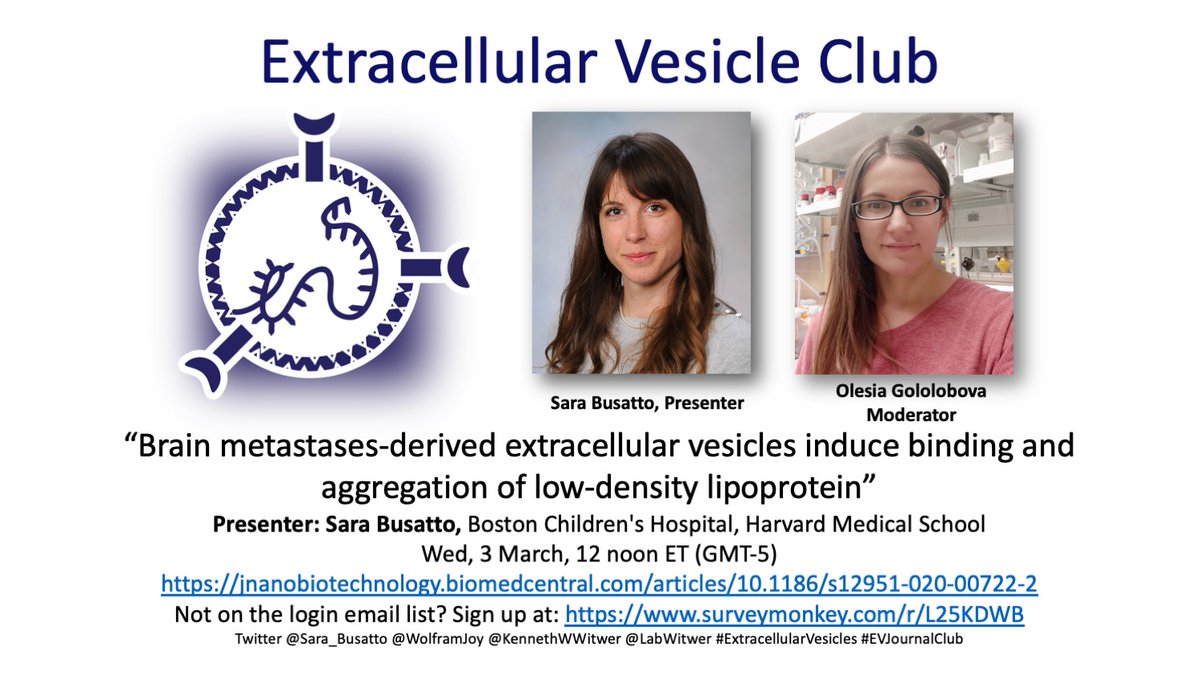 Kenneth W Witwer (he/him) (@kennethwwitwer) on Twitter photo Next #EVClub is an #EVJournalClub: “Brain metastases-derived #EVs induce binding and aggregation of low-density lipoprotein” Wed 3 March 12 noon ET <a href="/Sara_Busatto/">Sara Busatto, Ph.D.</a> <a href="/WolframJoy/">Joy Wolfram, PhD</a> <a href="/OlesiaPhd/">Olesia Gololobova</a> <a href="/LabWitwer/">LabWitwer</a> @IsevComms #cancer #LDL #ExtracellularVesicles #metastasis Next #EVClub is an #EVJournalClub: “Brain metastases-derived #EVs induce binding and aggregation of low-density lipoprotein” Wed 3 March 12 noon ET <a href="/Sara_Busatto/">Sara Busatto, Ph.D.</a> <a href="/WolframJoy/">Joy Wolfram, PhD</a> <a href="/OlesiaPhd/">Olesia Gololobova</a> <a href="/LabWitwer/">LabWitwer</a> @IsevComms #cancer #LDL #ExtracellularVesicles #metastasis