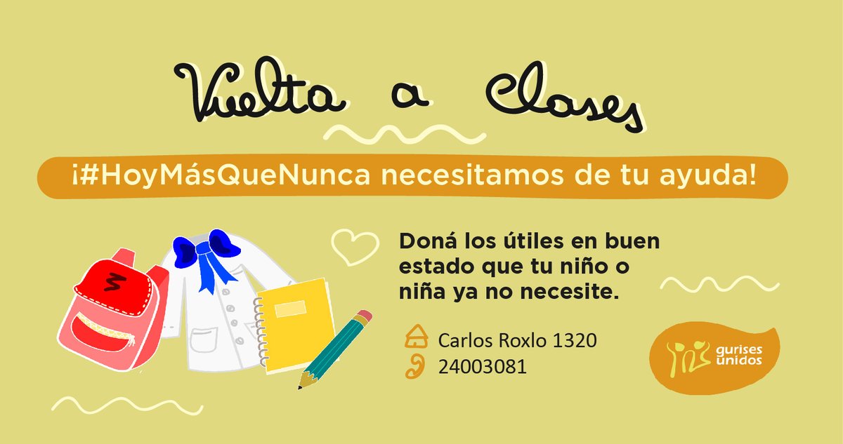 ¿Tenés útiles escolares en buen estado que tu niña/o ya no usa? 🎒✏️📒

¿Y si los donás? 🧡

Los recibimos en nuestra sede de Carlos Roxlo 1320 
De lunes a viernes de 11 a 17 hs. 

Ayudanos a difundir este tweet para que nuestra campaña llegue a más personas, ¡gracias! 🙏