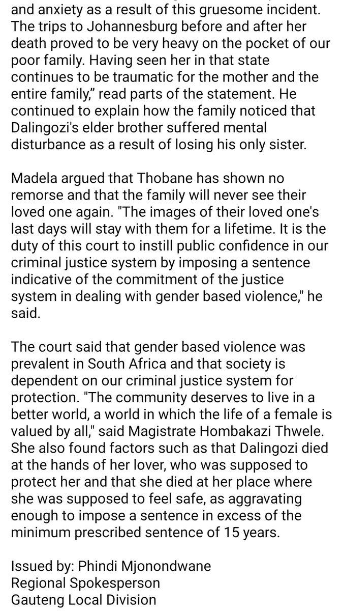NPA_Prosecutes's tweet photo. GLD: The Johannesburg Magistrates' Court today sentenced Mpho Thobane, to 20 years imprisonment for his girlfriend's murder. https://t.co/BimXdbjKGk