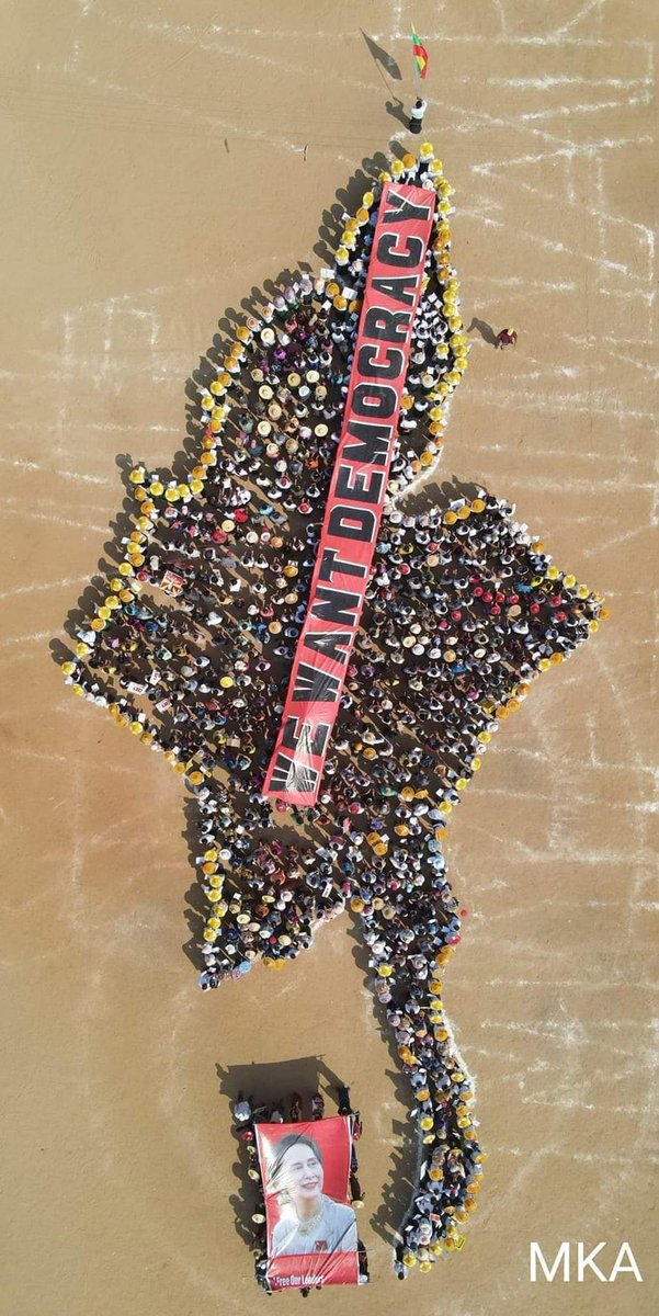 In Bagan, Bagan residents embodied a map of Myanmar with human and a text of "WE WANT DEMOCRACY" is largely displayed on the map.This demonstrations highlighted that Myanmar strongly need genuine Democracy.