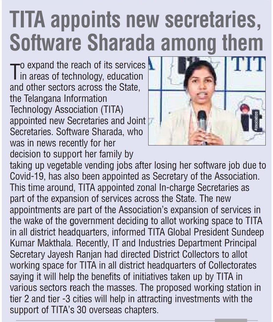 TelanganaIT's tweet photo. #SoftwareSharada ๐ TITA State Joint Secretary
Congrats @SharadhaUndadi ๐ https://t.co/Xxs8fsnSle