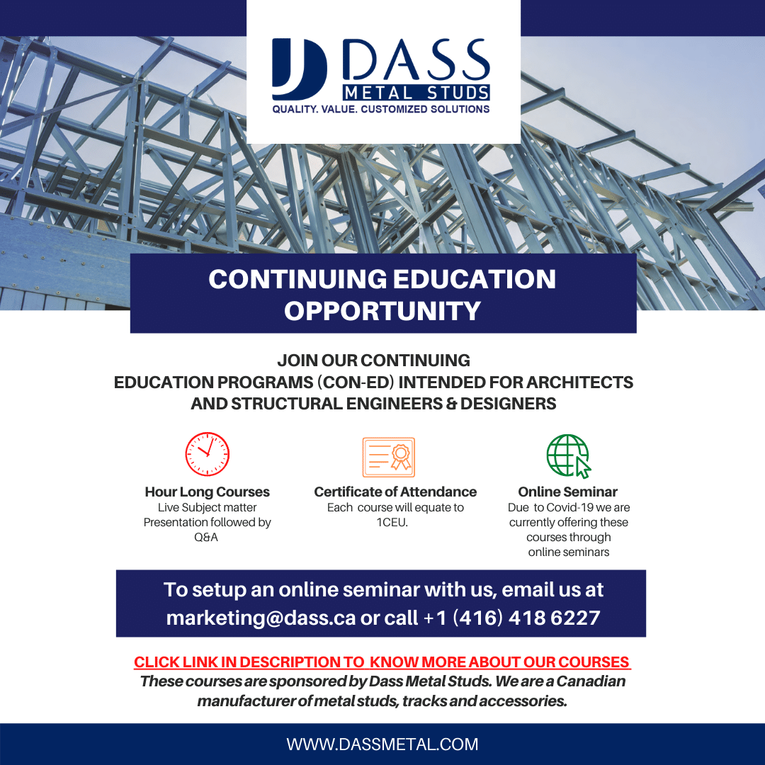 Take Advantage of Dass Metal Sponsored Continuing Education Courses for architects, technologists and engineers.

Please follow link for course details.
oaa.on.ca/.../Dass-Metal…

.
.
#oaa #coned #architects #technologists #dassmetal #dassprostud