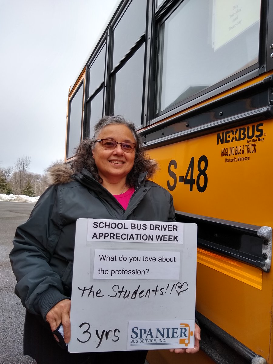 MNSchoolBus's tweet photo. Meet Tami.

She is a school bus driver for @SpanierBus, and she’s been transporting students in central Minnesota for more than 3 years.

What do you love about the profession?

“The students!!❤”

We appreciate her service and for #GoingTheExtraMile🚌.

Thank you, Tami! https://t.co/FmEEfc07To