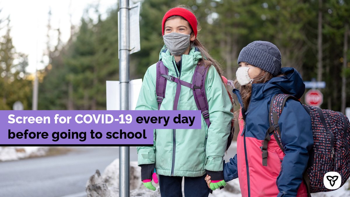 Attention parents: A reminder to screen your kids every day before school or child care.

- Anyone that has even just one #COVID19 symptom must stay home 
- Everyone in your household should stay home if anyone has symptoms or is waiting for a test result

Ontario.ca/SchoolScreening