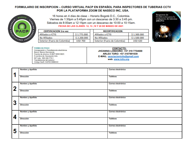 ICTIS1's tweet photo. Certifícate como inspector de tuberías cctv por NASSCO. Próximo curso PACP virtual el viernes 12, sábado 13, viernes 19 y sábado 20 de marzo/2021. Hora Bogotá, Colombia-viernes de 1:30am a 5:45pm y sábados 8:00am a 12:15pm. Contáctenos: asociacionictis@gmail.com - +573107991039 https://t.co/RAIVsxhrth