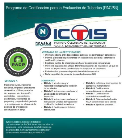 ICTIS1's tweet photo. Certifícate como inspector de tuberías cctv por NASSCO. Próximo curso PACP virtual el viernes 12, sábado 13, viernes 19 y sábado 20 de marzo/2021. Hora Bogotá, Colombia-viernes de 1:30am a 5:45pm y sábados 8:00am a 12:15pm. Contáctenos: asociacionictis@gmail.com - +573107991039 https://t.co/RAIVsxhrth