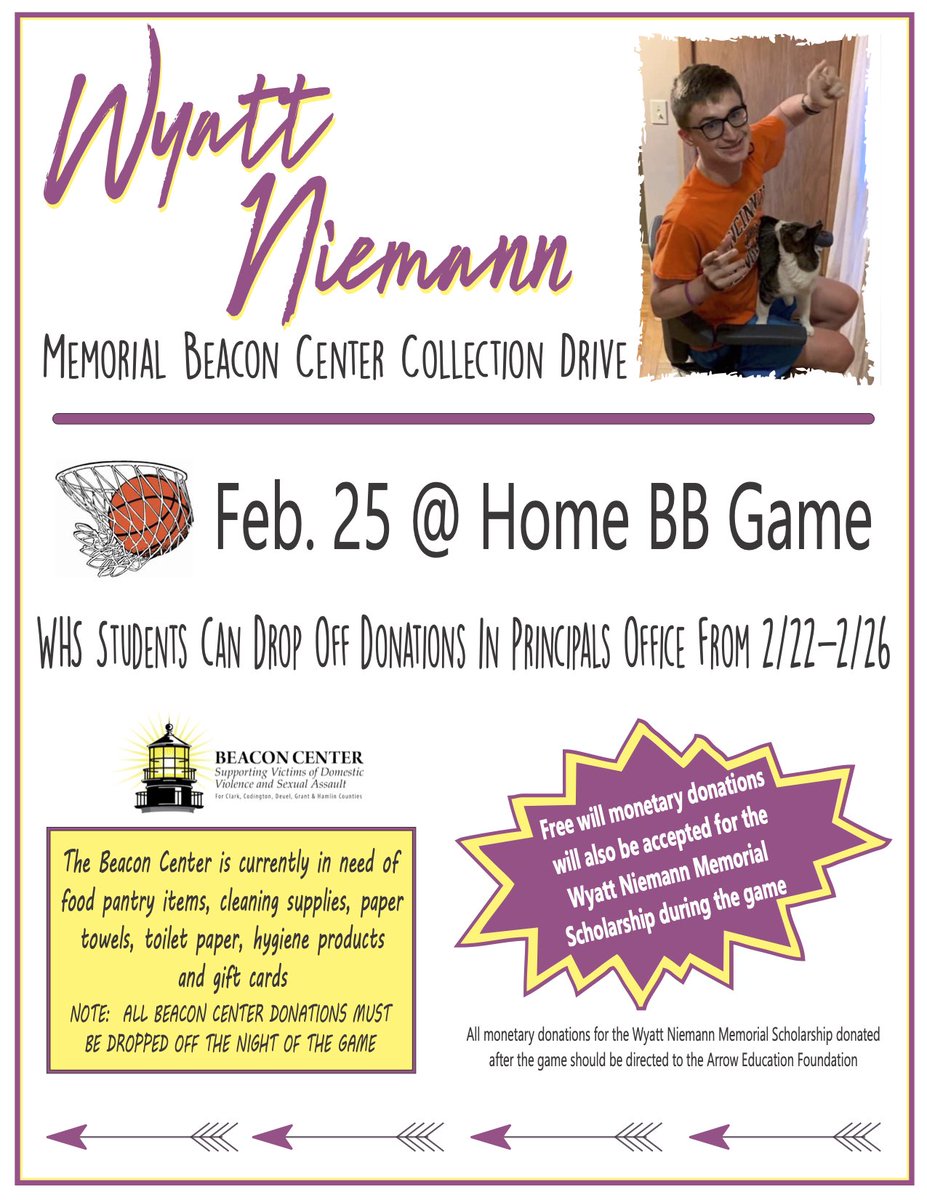 GAMEDAY!! Get out to the Arena for the final regular season game for the Arrows tonight as we host Huron. Also, tonight is Wyatt Niemann Memorial Beacon Centrer Collection Drive. Items to be donated can be brought to the game tonight.