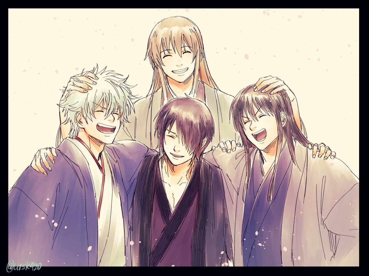 sakata gintoki japanese clothes multiple boys kimono long hair smile closed eyes hair over one eye  illustration images