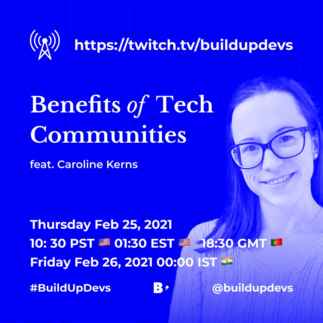 ⤴ Join <a href="/dhanishgajjar/">Dhanish 🇵🇹</a> and <a href="/_clarkio/">Brian Clark</a> for #BuildUpDevs Live with @CaptCalli as we all discuss the Benefits of Tech Communities

⏰ Starts at 10:30am PT / 1:30pm ET / 6:30pm GMT today

Be sure to follow here to watch 👇
twitch.tv/buildupdevs
