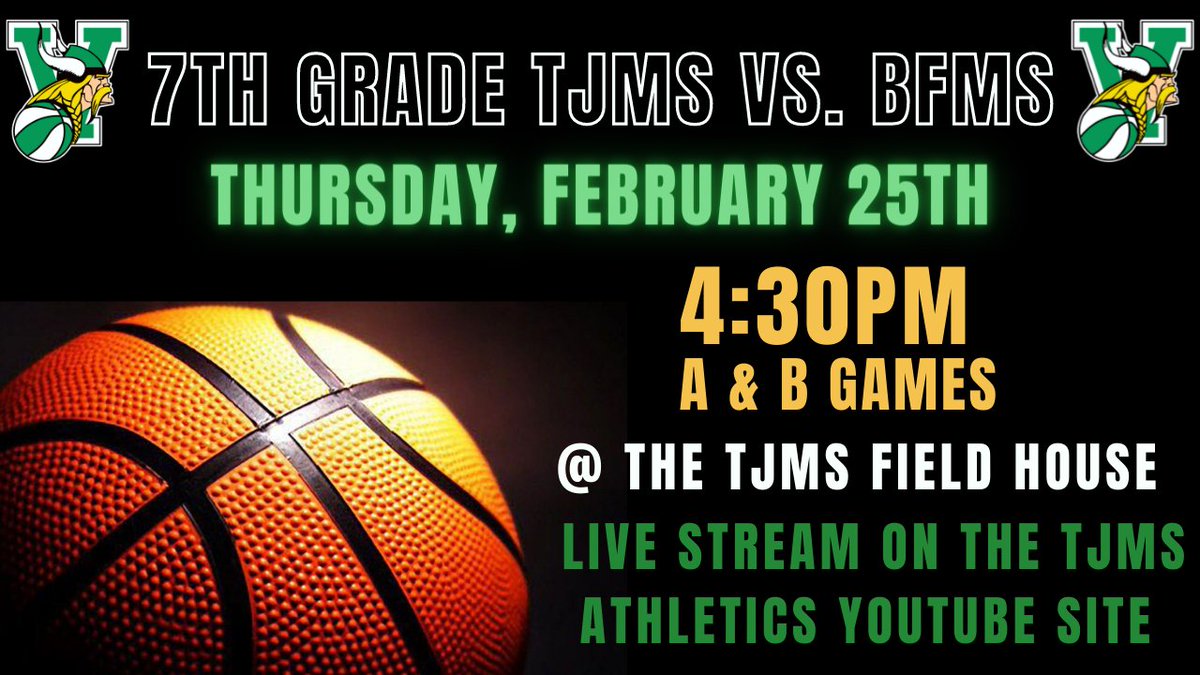 The 7th Grade Girls @ TJMS, led by Lilly Barnes, &amp; the BFMS team, led by Cadynce Clark, face-off tonight @ the TJMS FH.  Going to be a great game! Don't miss the Live Stream action: youtube.com/channel/UCuJVC…  <a href="/Valpo_BFMS/">BFMS Middle School</a> <a href="/Valpo_TJMS/">Thomas Jefferson MS</a> <a href="/Valpo_Schools/">Valparaiso Community Schools</a> <a href="/AthleticsValpo/">Valparaiso Athletics</a>