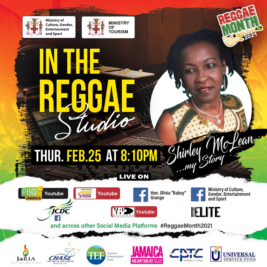 Tonight #ShirleyMcLean speaks about her illustrious career as a Reggae Artiste on 'In The Reggae Studio'!
LIVE @ 8:10pm on FB, YouTube &amp; IG:
<a href="/pbcjamaica/">Public Broadcasting Corporation of Jamaica</a>
<a href="/JCDCJamaica/">JCDC - Jamaica</a>
<a href="/Babsy_grange/">Hon. Olivia “Babsy” Grange</a>
<a href="/VPRecords/">VP Records</a>
Caribbean Elite Mag 
#IAmReggae #ReggaeMonth2021💥 #ComeKetchDeRiddim #ReggaeMonthTV