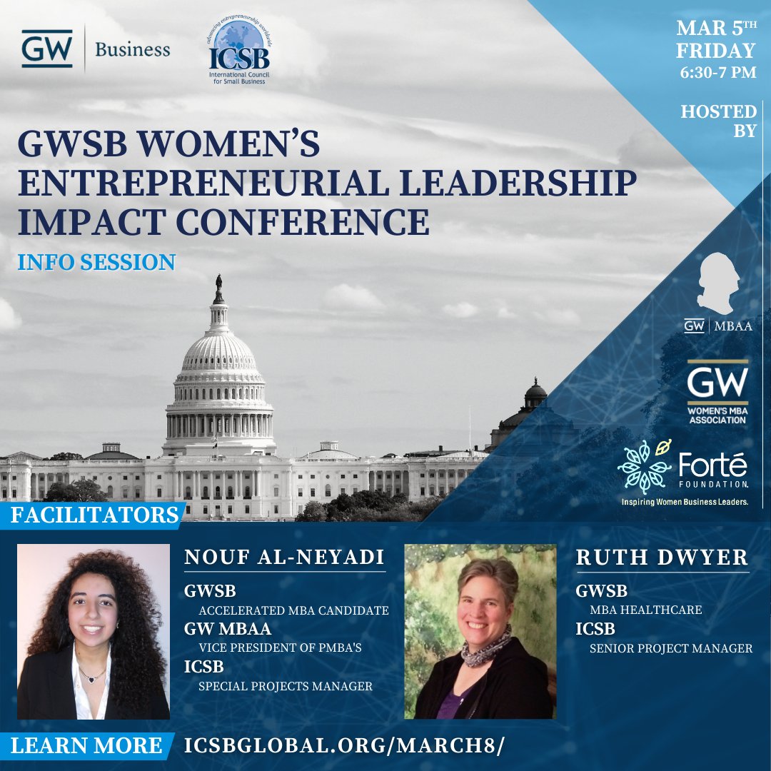 The <a href="/GWMBAA/">GW MBA Association</a> is pleased to announce our partnership with the GW WMBAA, GW Forté Fellows, and <a href="/ICSB/">ICSB</a>  to co-host an info session that brings awareness to our upcoming GWSB: Women’s Entrepreneurial Leadership Impact Conference. Register Here: gwu-edu.zoom.us/meeting/regist…