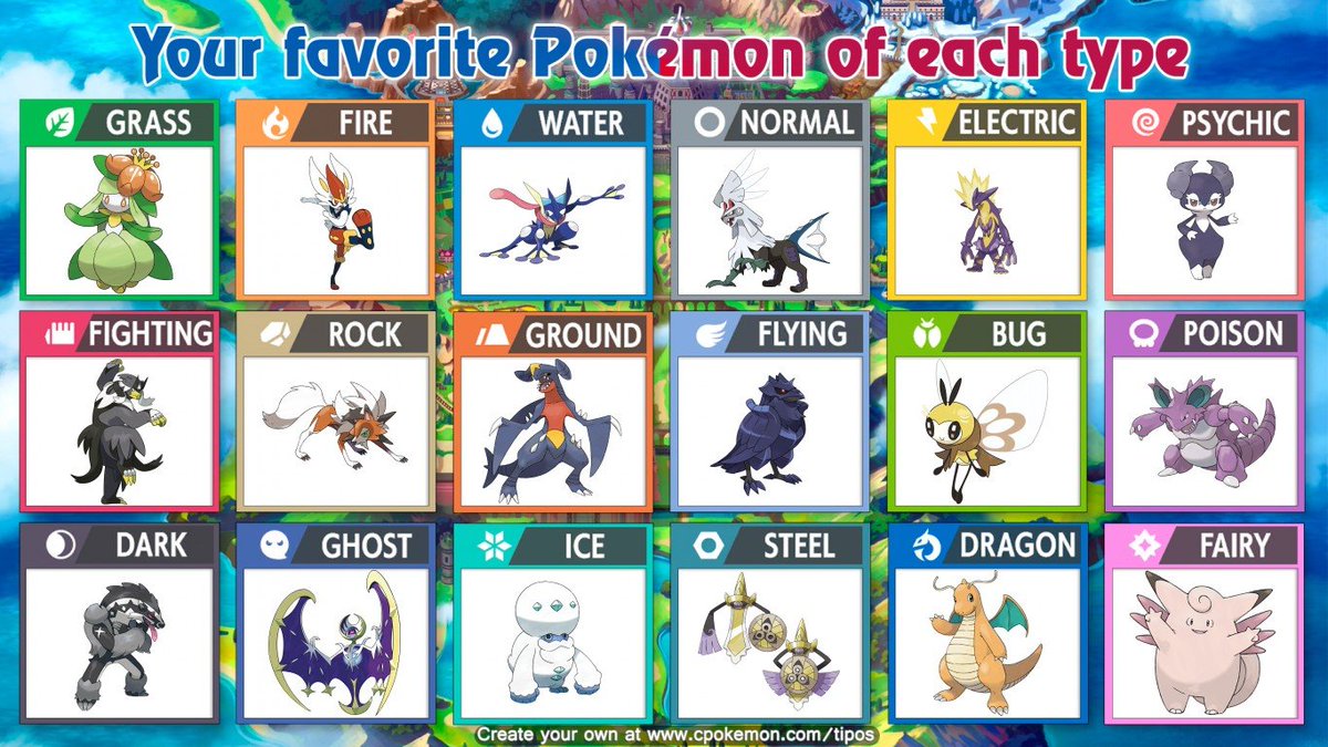 UnknownArtistML's tweet image. Here's my favorite Pokémon of each type!
(based on abilities, stats, move-set and design altogether)

@Pokemon @Junichi_Masuda 
#Pokémon #Pokemon25 #FavoritePokemon