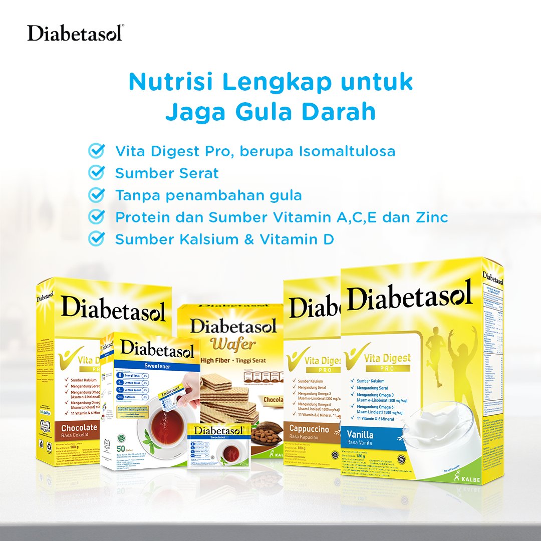 Semua nutrisi yang Anda butuhkan untuk jaga daya tahan tubuh ada dalam produk-produk Diabetasol. Jadi, sudah mengonsumsi Diabetasol hari ini?

#BersamaDiabetasol #JagaGulamu