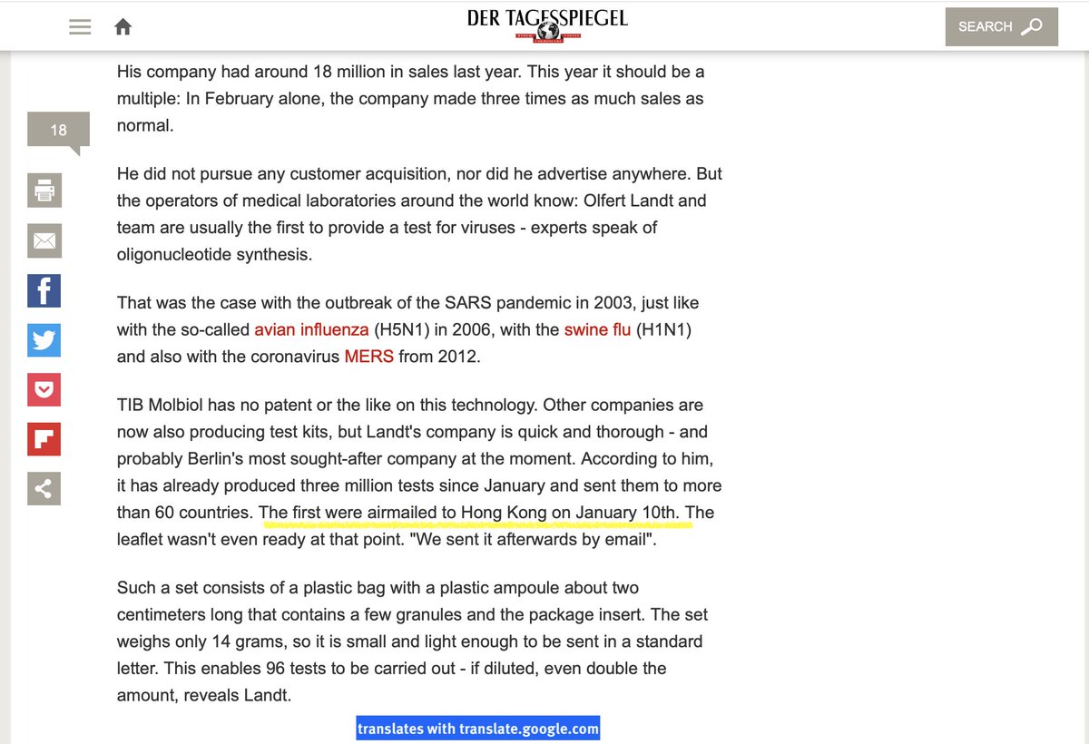 8/ Impossible: As early as January 10, 3 days before, Landt's company, TIB-Molbiol, had a fully functional test kit ready and began shipping it all over the world. A hell of a guy, that Mr. Landt! https://translate.google.com/translate?sl=auto&tl=en&u=https://www.tagesspiegel.de/berlin/tib-molbiol-berliner-firma-produziert-coronavirus-tests-fuer-die-ganze-welt/25602142.html