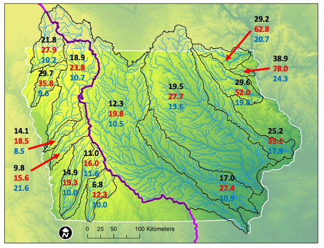 this is 2020 water year data (10/1/19 to 9/30/20). Top number (black) is nitrate (as N) loss, pounds per acre. Red number is loss pounds per crop acre. Blue number is runoff in inches.