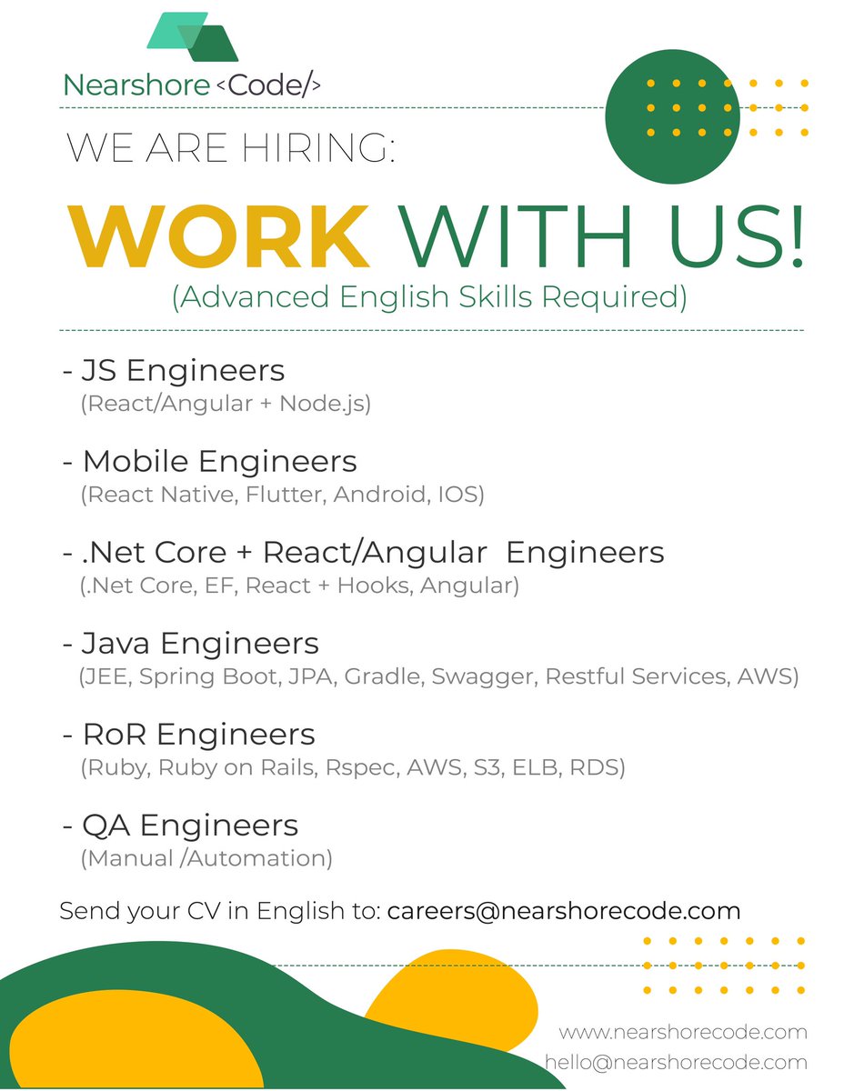 nearshorecode's tweet image. We are looking for Software Engineers
OPEN POSITIONS (Advanced English skills required)
Please send your resume in English to careers@nearshorecode.com
#developers #code #javascript #100DaysOfCode #technology #Engineering #EngineeringJobs #Bolivia #Argentina #Peru #Brasil #LATAM