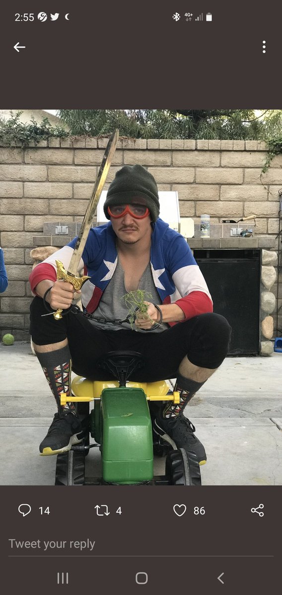 wrightgrg's tweet photo. @KyleGallner When in doubt always go this way. Ready for anything. 
Hat = don't get cold 
Tractor= mowing down haters 
Sword= well why wouldn't you be welding one Green Stuff= gotta kept a balanced diet.
Googles= well thats health and safety
No fucker would be silly enough to mess with you. https://t.co/dERdxewHxb