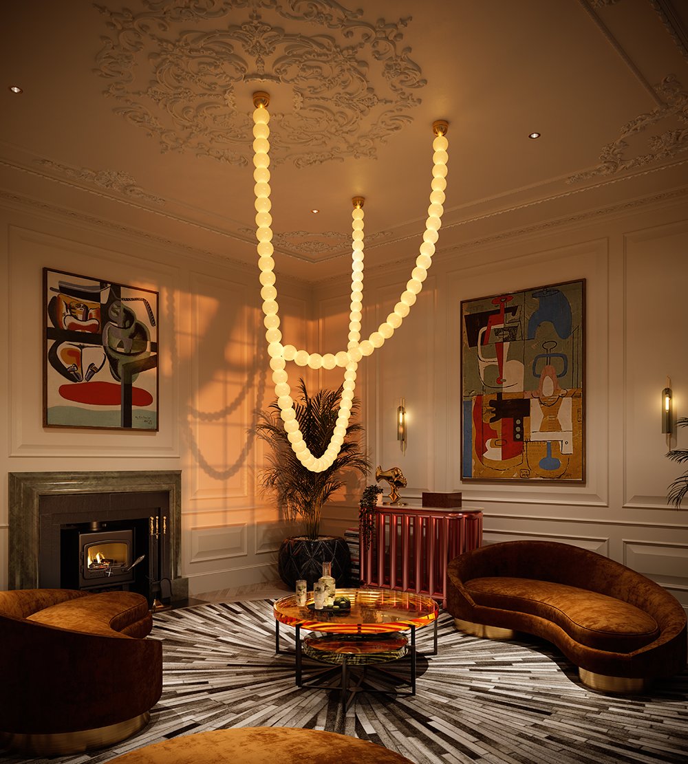 Launching exclusively at #BSPOKELighting on 2 March, the Halti chandelier by <a href="/camerondesign/">Cameron Design House</a> is a sculptural exploration of gravity. Named after the highest peak in Finland, the chandelier combines individually hand blown glass spheres with brass fixtures ow.ly/CaYd50DGn4g